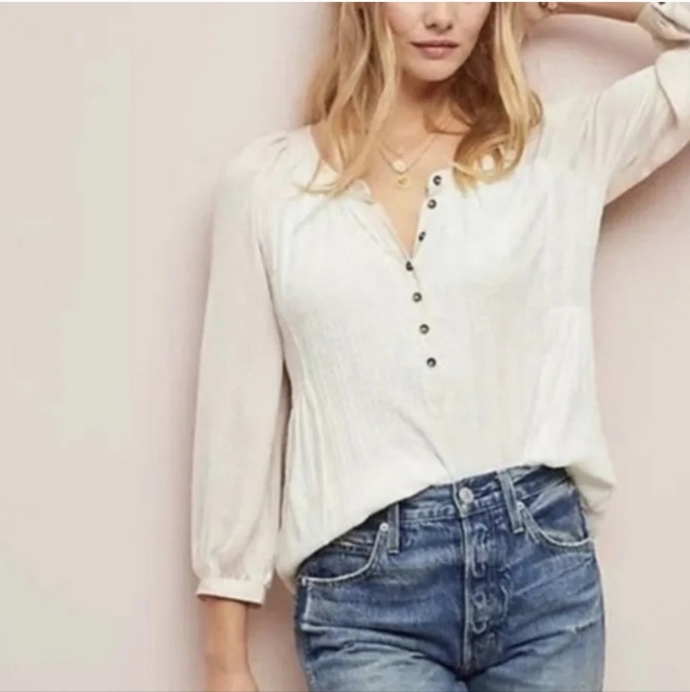 Anthropologie Meadow Rue Kersee Henley Ivory Thermal Knit Top Womens Size XS